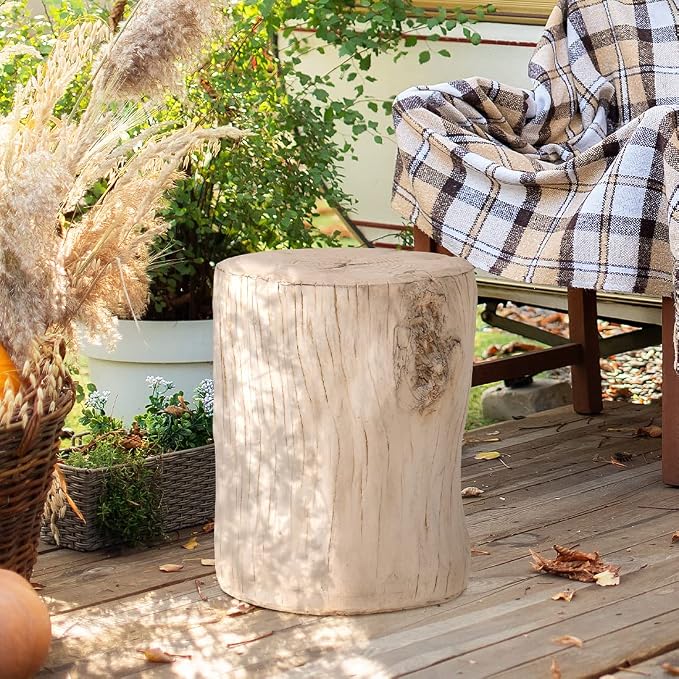 SUNBURY 15" W Stump Side Table Set of 2, Concrete Side Table Coffee Log, Beige Stool Prop Plant Stand Holder for Garden Household Living Room