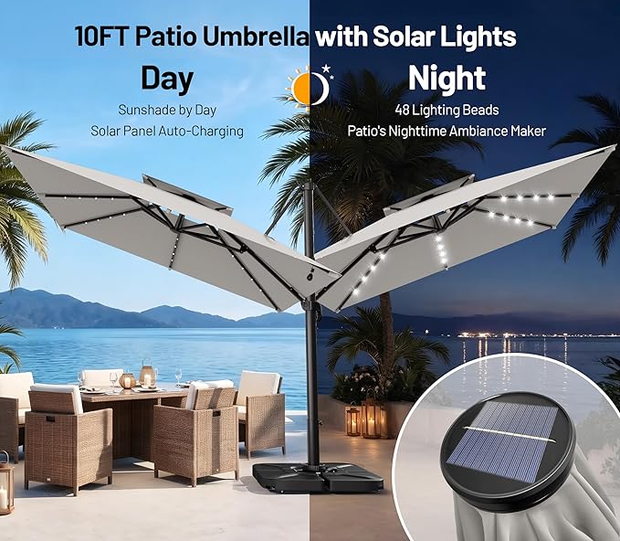 AreShark 10×10FT Solar LED Cantilever Umbrella, Double-Top Outdoor Patio Offset with 360 Degree Rotation, Square Offset Hanging Umbrella for Garden Deck Pool, Light Grey