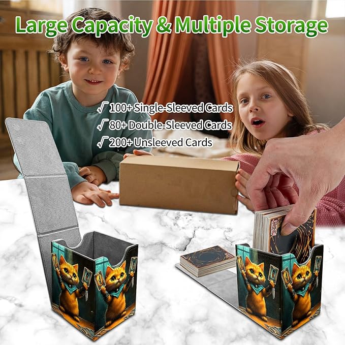 Chess Card Cat Card Deck Box for MTG, Personalized Card Storage Case Fits 120+ Sleeved Cards, Premium Leather TCG Box with Strong Magnetic Closure for Magic, CCG, PTCG, Baseball Cards