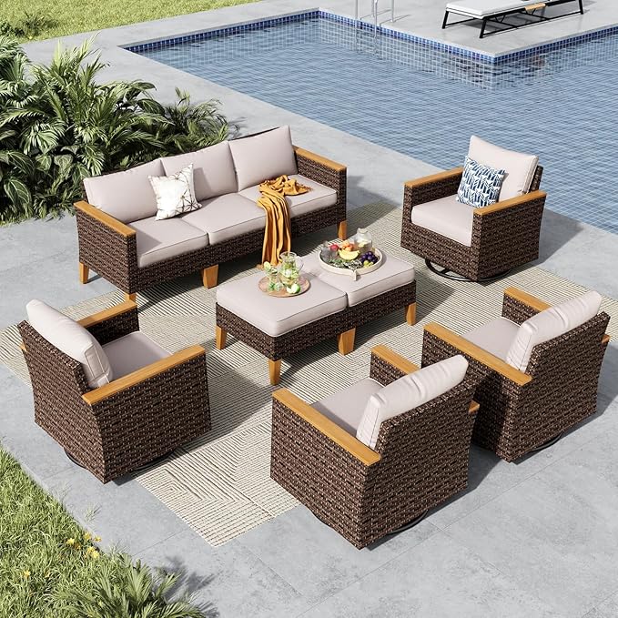 MFSTUDIO 9 Seats Extra Large Wicker Patio Furniture Set, All-Weather Rattan Patio Conversation Sets, 4 x Swivel Chair, 3-Seat Sofa, 2 x Ottoman, Outdoor Patio Sectional Sofa for Garden, Beige