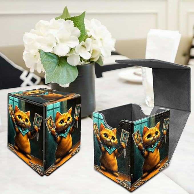 Chess Card Cat Card Deck Box for MTG, Personalized Card Storage Case Fits 120+ Sleeved Cards, Premium Leather TCG Box with Strong Magnetic Closure for Magic, CCG, PTCG, Baseball Cards
