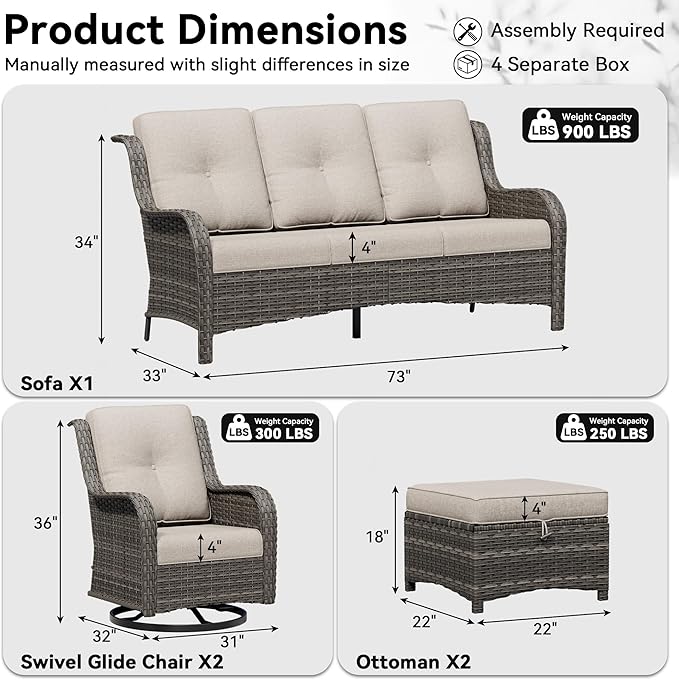 5 Piece Outdoor Wicker Patio Furniture Set, Outdoor Swivel Rocker Patio Chairs Set with Thickened Olefin Cushions, High Back and Deep Seating, Hand-Woven PE Rattan for Porch, Deck