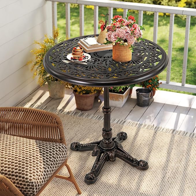 HAPPYGRILL Outdoor Dining Table 27", Cast Aluminum Patio Table with Hollowed-Out Tabletop, Carved Cross Base, Round Outdoor Side Table for Yard, Balcony, Garden, Poolside