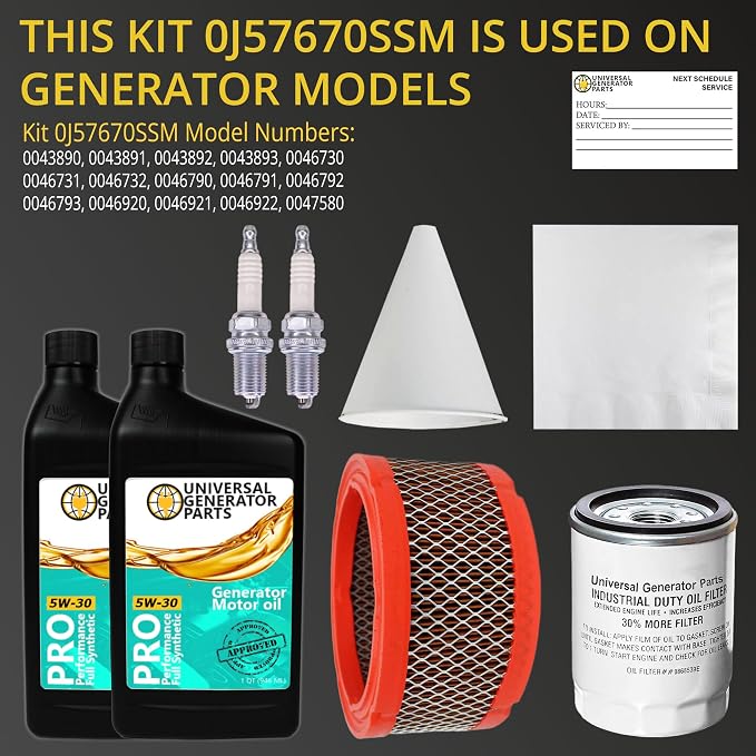 Replacement Maintenance Kit 0J57670SSM for Select Generac 410cc and 990cc Engines for Home Stand by Back Up Generators Ranging from 7kw to 18kw, with Full Synthetic Motor Oil