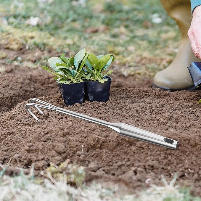 Hand Rake Stainless Steel Heavy Duty Garden Rake Weeding Tool Ergonomic Claw Rake Soil Tiller Portable Planting Rake Suitable for Flower Beds Yard Wor, 2 Tine Long Handle