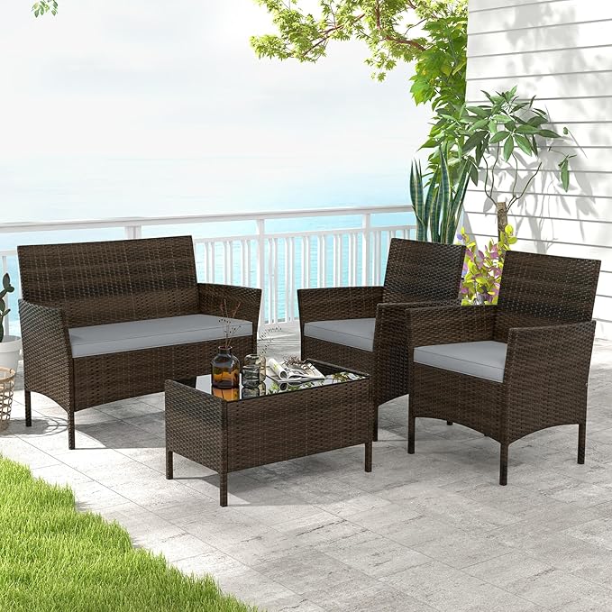 HAPPYGRILL 4 Pieces Outdoor Rattan Conversation Set, Patio Wicker Furniture Set with Loveseat Chairs & Tempered Glass Coffee Table, Outside Sectional Sofa Set for Backyard Garden Poolside
