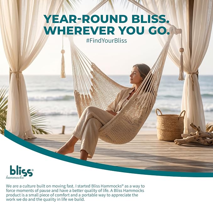 Bliss Hammocks BHC-412NT Island Rope Hammock Chair, Eco Friendly & Hand Woven, Varnish Coated 40 Inch Wood Spreader, Easy to Hang w/Included Hanging Kit, Supports up to 265 pounds, Natural Rope