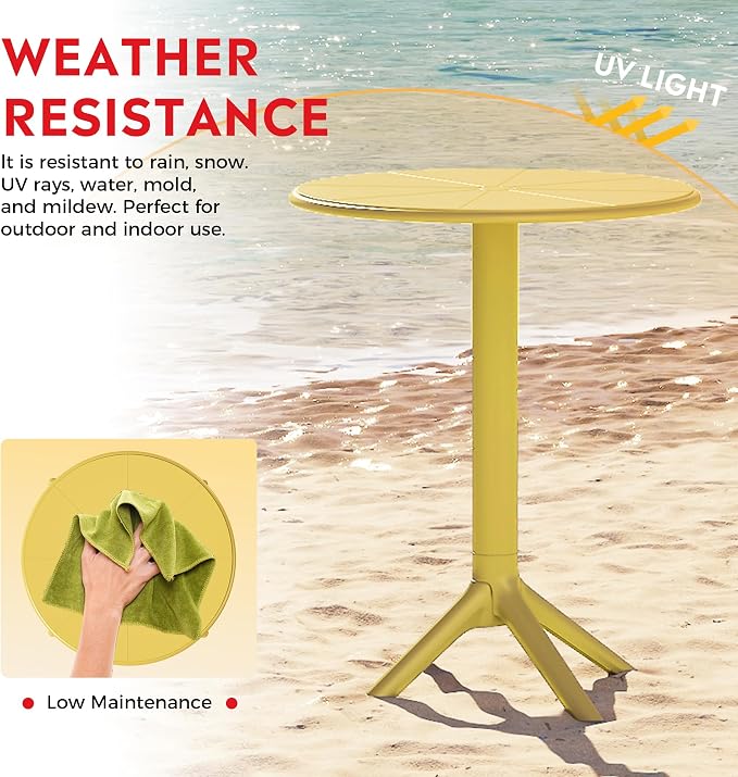 Costaelm Patio Table for 4-Person, Outdoor Patio PP Round Dining Table, All-Weather Bistro Dining Table for Backyard Deck Porch Poolside, Yellow