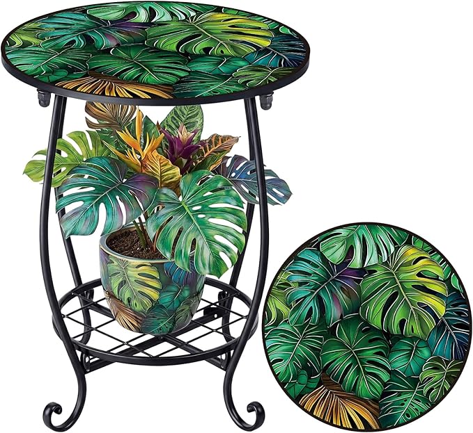 Cinnvoice Outdoor Side Table Round Small Mosaic Patio Accent Indoor End Plant Coffee Tea Table for Yard Patio Porch Garden Living Room, Bedroom (Monster Leaf Style,14 Inch)