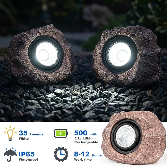 Candieslife Solar Rock Lights Outdoor Garden Waterproof - Super Bright LED Solar Spotlights, Solar Powered Landscape Path Decorative Garden Stone Lights for Pathway, Walkway, Yard, Patio (2 Pack)