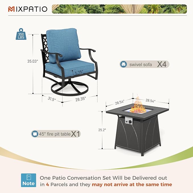 MIXPATIO Patio Furniture Set with Fire Pit Table, 5 Pcs Metal Outdoor Conversation Set, 4 Swivel Chairs with 5.75" Extra Thick Cushion and 28" Fire Pit Table for Backyard Deck, Navy Blue