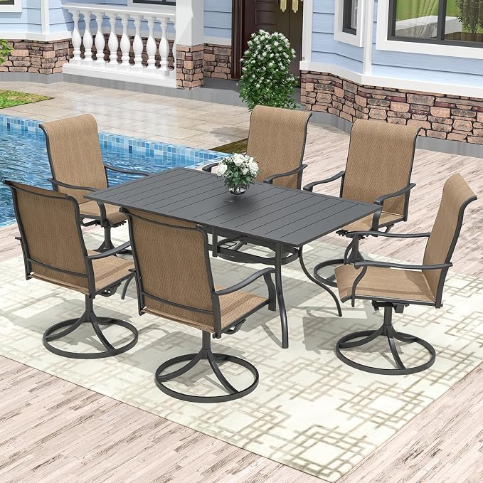 Anmutig 7 Piece Patio Dining Set, Outdoor Dining Set All-Weather for Backyard Poolside Garden Deck, Modern Outdoor Table and Chairs Set with 6 Textilene Swivel Chairs Brown