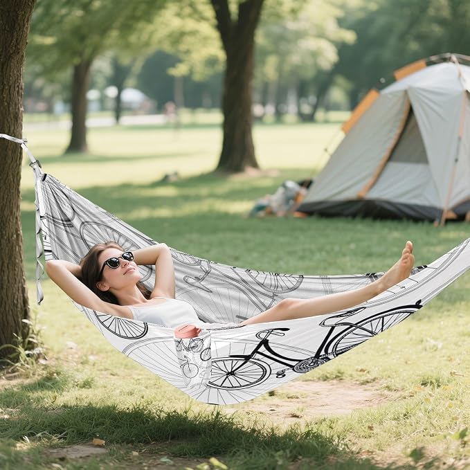 Bike Print Camping Hammock, Portable Lightweight Single Hammock with Tree Straps and Aluminum Carabiners, 114" x 54" Travel Hammock for Hiking Backpacking Beach