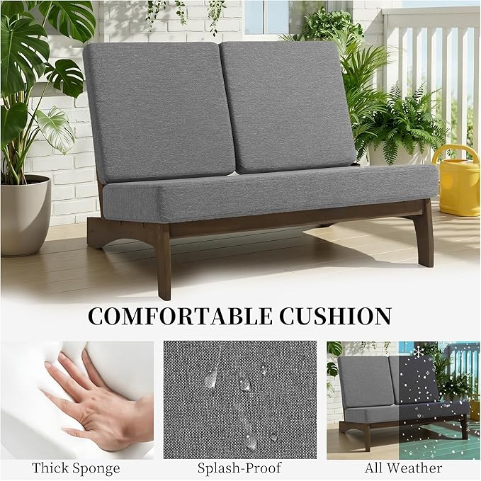 UIXE All Weather Wood Patio Furniture Sets, 3 Pieces Patio Loveseat Sofa Outdoor Sectional Futniture Backyard Conversation Set with Solid Wooden Coffee Table - Grey