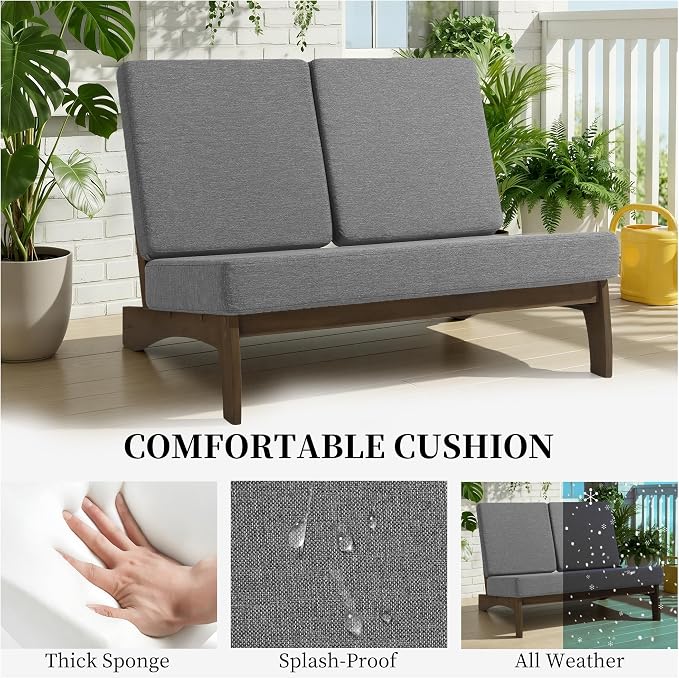 Outdoor Furniture Patio Couch, Weather Resistant Patio Loveseat Sofa Couch with Removable Cushion & Pillows, Teak Wood Frame for Porch & Backyard Seating - Grey
