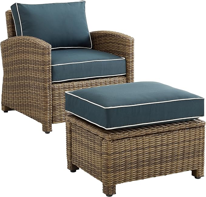 Crosley Furniture Bradenton 2-Piece Outdoor Chair and Ottoman Set, Wicker Patio Conversation Sets for Porch, Brown with Navy Cushions