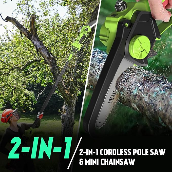 2-in-1 Cordless Pole Saw 8 Inch＆Mini Chainsaw, with 2×4.0Ah 21V Battery and Charger, Brushless Motor, Total Reach of Max 15ft, Electric Pole Saw for Tree Trimming and Hedge Cutting