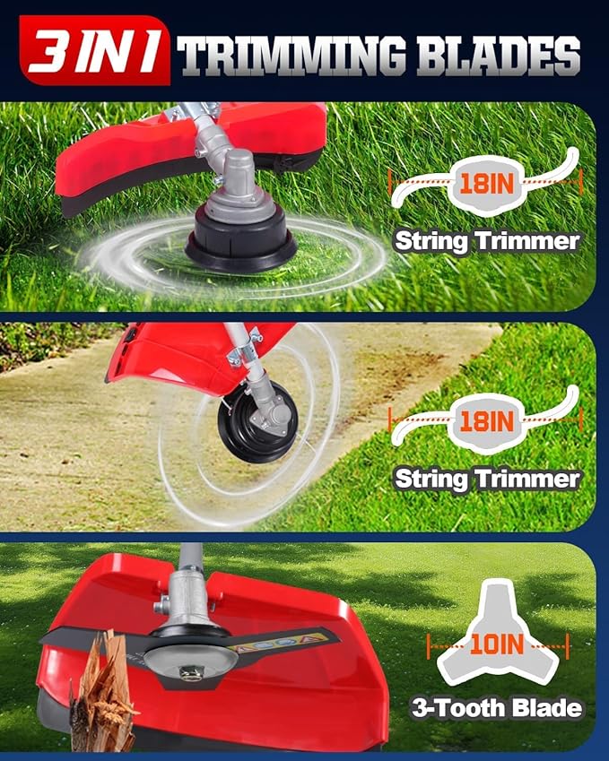52cc Gas Weed Eater & Brush Cutter, 3-in-1 Heavy Duty String Trimmer for Overgrown Brush, Low-Vibration Weed Wacker with Detachable Shaft & Full-Crank Engine (Orange Silver)