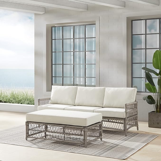 Crosley Furniture Thatcher 2-Piece Outdoor Sofa Patio Furniture Set, Wicker Conversation Sets for Porch, Driftwood with Creme Cushions