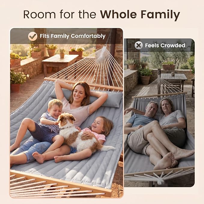 Everyfun Double Hammock with Spreader Bar - 2 Person Patio Hammock, 500 lbs Capacity, Soft Pillow & Carry Bag, Flat Wide Bed, Portable Quilted Hammock for Outdoor Camping Backyard Garden,Dark Gray