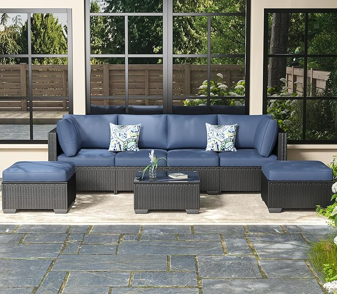 AECOJOY 7 Piece Outdoor Patio Furniture Set, Outdoor Sectional Conversation Furniture Chair with Coffee Table, Patio Sectional for Backyard, Garden(Navy Cushions and Black Rattan)