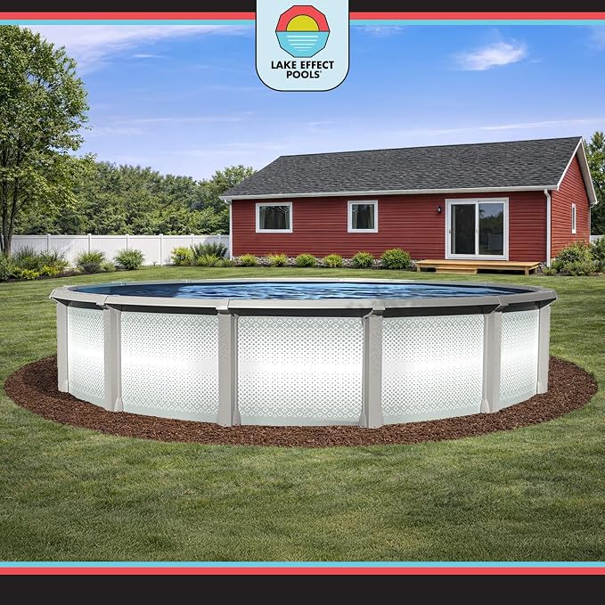 Lake Effect Pools 'Grand Cayman' 27 ft Round Above Ground Swimming Pool | 52 Inch Strong Extruded Resin Components | Bundle Includes: 25 Gauge Overlap Liner & Widemouth Skimmer
