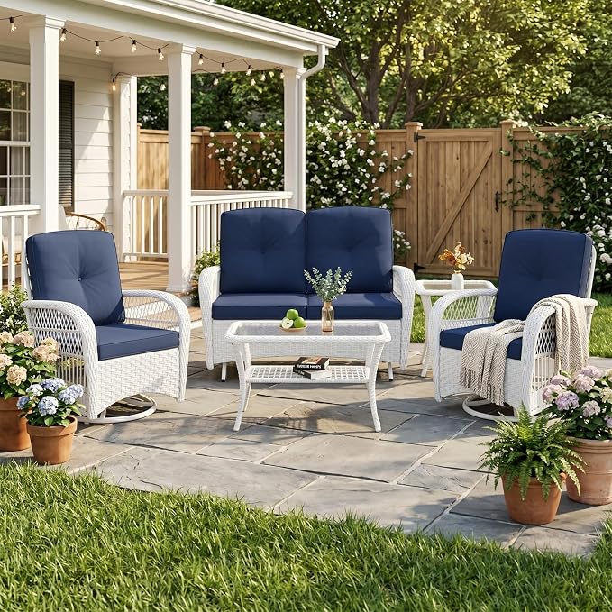 VIVIJASON 5-Piece Patio Wicker Conversation Set, All Weather Outdoor Rattan Furniture Set Includes Glider Loveseat, 2 Coffee Table, 2 Swivel-Gliders Chairs with Cushions, White/Navy Blue
