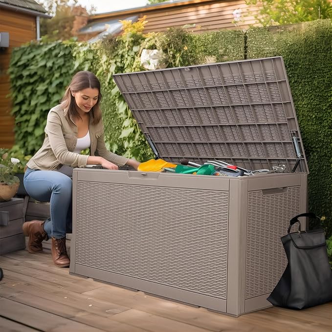 Resin Deck Box, Lockable Patio Outdoor Storage Box for Furniture, Garden Tools and Tools Storage, Waterproof Outside Storage Boxes (Grey, 100 Gallon)