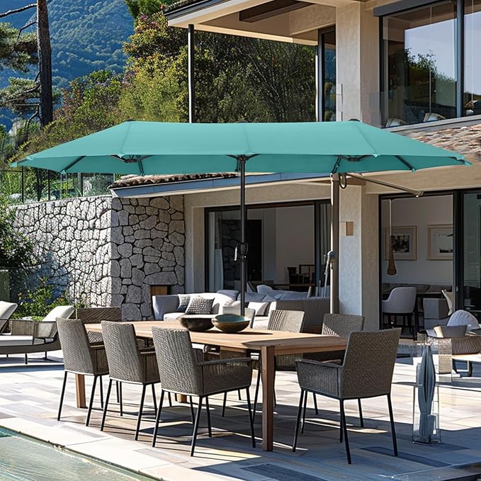 GREEN PARTY 13ft Rectangle Patio Umbrella, Double Sided Outdoor Table Umbrella with Crank & 1.5" Pole, Large Market Umbrella for Poolside Garden Deck Backyard, Turquoise