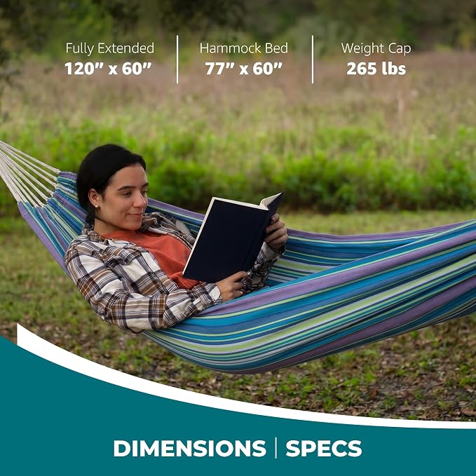 Bliss Hammocks 60" W Double Outdoor Hammock with Hand-Woven Rope Loops & Tree Straps, Patio, Durable, Cotton/Polyester, 265 Lbs Capacity, Malibu Stripe