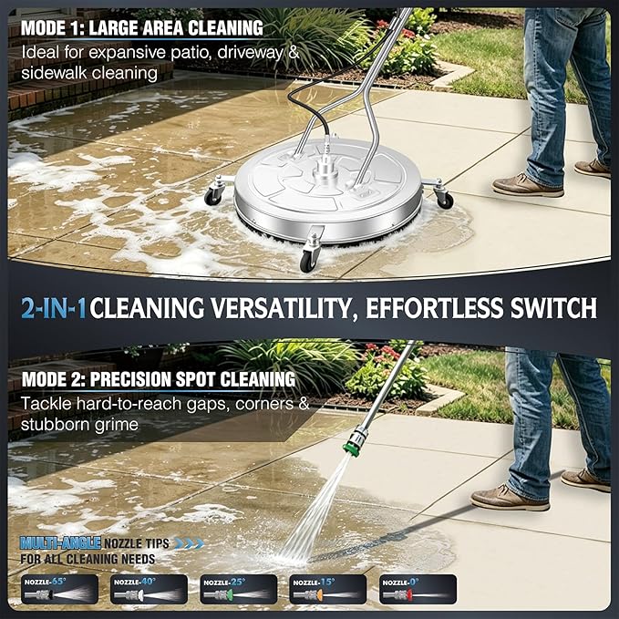RAYNEL 30'' Pressure Washer Surface Cleaner with 4 Wheels, Dual Handle, Stainless Steel Housing, 2 Hose Adapters, 4 Replacement Nozzles and 5 Spray Nozzles