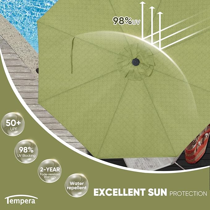 Tempera Patio Market Outdoor Table Umbrella with Push Button Tilt and Crank, Large Sun Umbrella with Sturdy Pole & Fade Resistant Canopy, Easy to Set