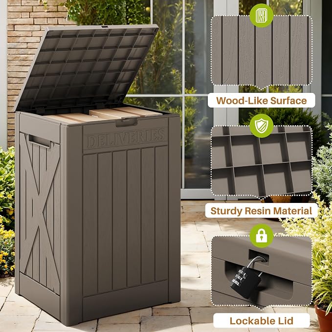 Devoko 48 Gallon Package Delivery Box Outdoor Secure Lockable, Waterproof Deck Box PP Material Storage Container for Porch, Deck (Brown, 48 Gallon)