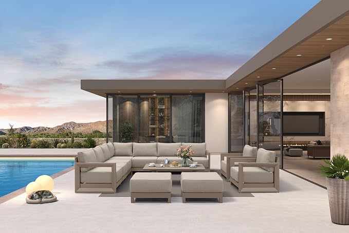 PURPLE LEAF Patio Furniture Set Enclosed Outdoor Couch with 9.6" Thick Cushion and Soft Pillows 12 Piece Outdoor Sectional Sofas with Table Modern Outdoor Conversation Sets for Yard Porch Deck, Khaki