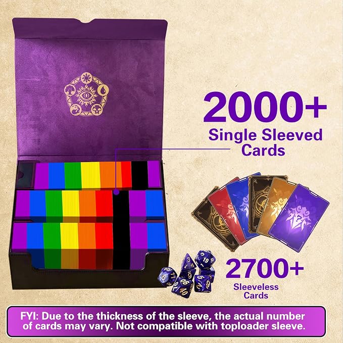 PROMAXIBINDER Trading Card Storage Box for MTG/TCG/YuGiOh, Commander Deck Case Fits 2000+ Cards, 10 Dividers, Dice Set, 3 Foam Stoppers, PU Leather, Magnetic Closure, Magic, Sports Cards (Purple)