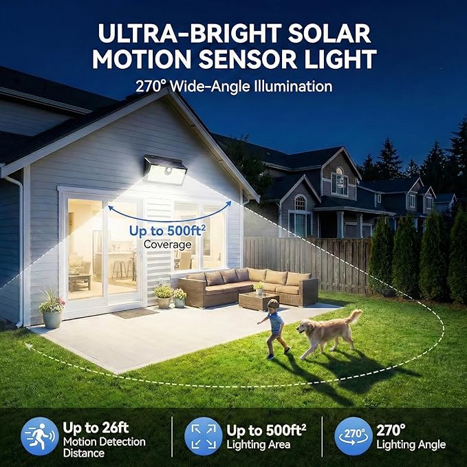 Solar Lights Outdoor, 452 LED 2000LM Ultra Bright Solar Motion Lights Outdoor, IP65 Waterproof Motion Sensor Outdoor Lights, 3 Modes Wireless Security Lights for Fence, Yard, Patio, Garage [4 Pack]