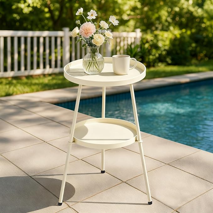 Outdoor Side Table 2 Tier End Table Metal Round Coffee Tables Nightstand for Small Spaces Indoor Outdoor and Living Room Bedroom or Office (White)