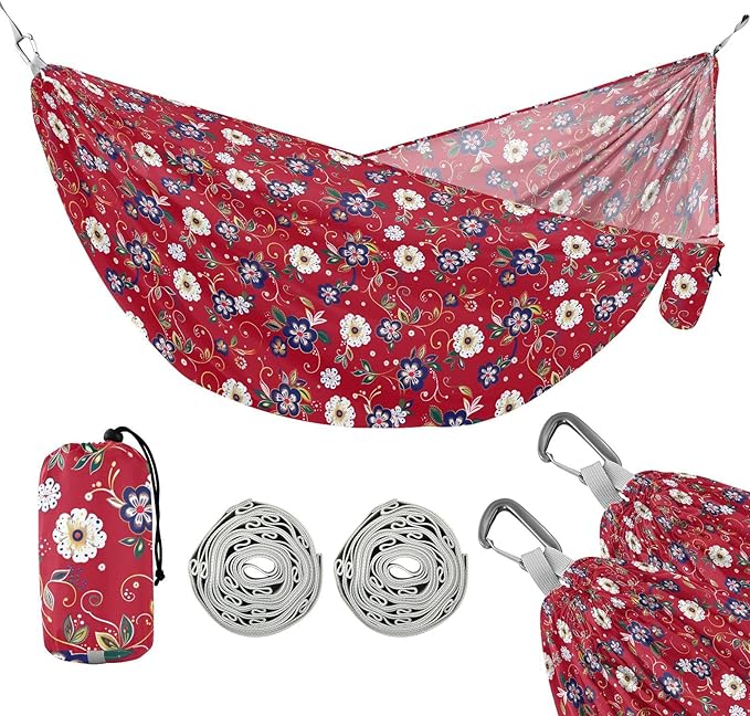 Red Flowers Traditional Style Hammocks with Hanging Rope Rope Hammock for Outside Patio Garden