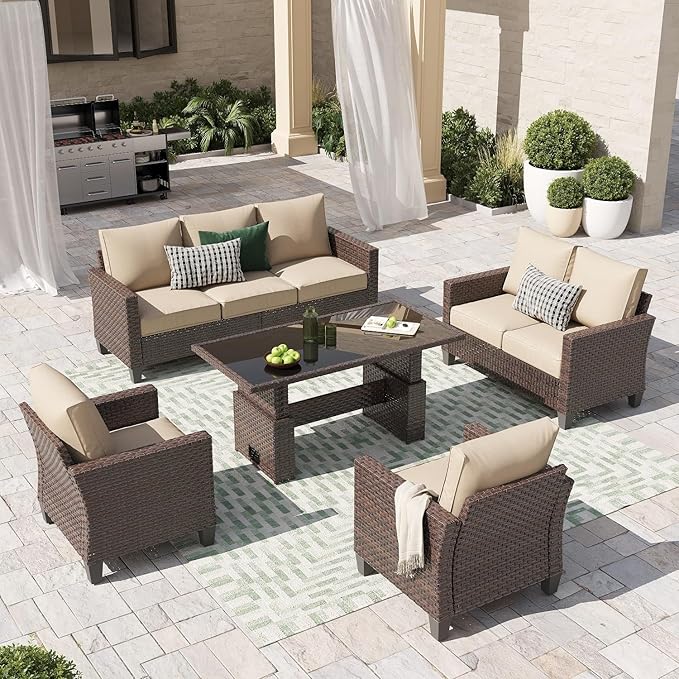 SUNSITT Outdoor Patio Furniture Set 5 Piece Wicker Conversation Set with Lift Coffee Table Sectional Dining Set 3 Seat Sofa Couch with Loveseat, Brown Wicker & Beige Cushion