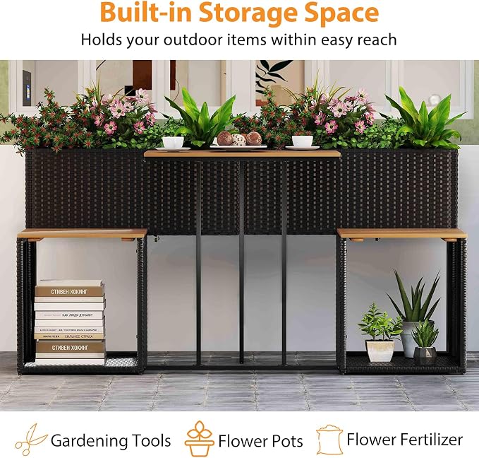 Tangkula Patio Furniture Set with Raised Garden Bed, PE Rattan Garden Planter Table with Built-in Chairs and Storage Space, Acacia Wood Outdoor Conversation Set with Sturdy Metal Frame