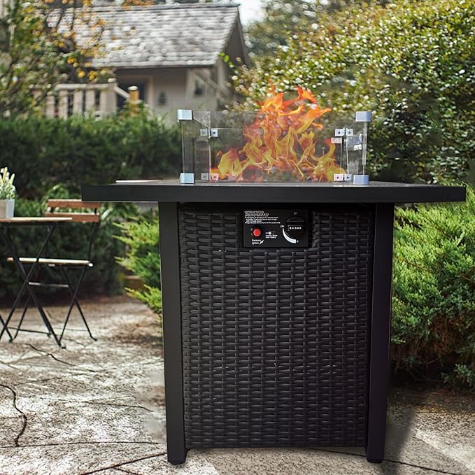 Propane Outdoor Fire Pit Table, 28" Rattan Square Fire Pit Table, Outdoor Gas FirePit W/Glass Wind Guard, Fire Pit Table top With Lid, CSA Listed, 50,000 BTU, Outside Patio Deck & Garden, Black