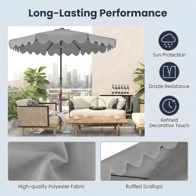 Happygrill 9FT Solar Patio Umbrella, Outdoor Market Table Umbrella with 32 LED Lights, Weighed Base, 2 Sandbags, Tilt & Crank, 8 Ribs, Fabric Canopy Sunshade, Vented Top for Garden Deck Pool Backyard (Gray)