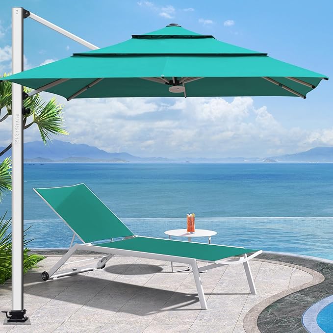 EliteShade USA APOLLO 3-Tier 10x10FT Full Aluminum Cantilever Patio Umbrella for Outdoor Restaurant Garden Courtyard Deck Pool and Marketing with Light (No battery), Teal