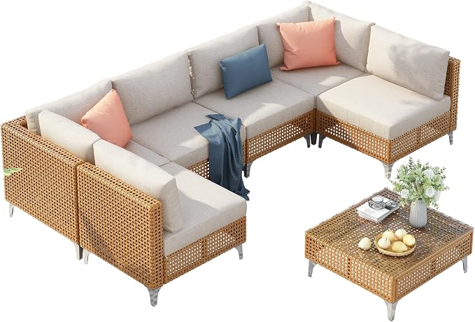 VilroCaz 7-Piece Outdoor Patio Furniture Set, Wicker Sectional Sofa wThick Seat Cushions, All-Weather Conversation Sofa Sets with Coffee Table for Outdoor Couch, Porch, Backyard (Beige-7C)