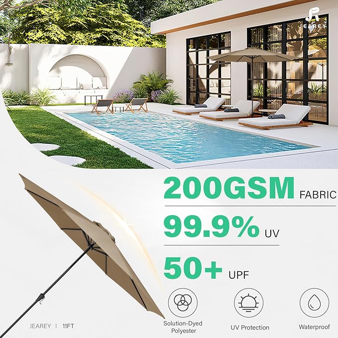 JEAREY 11' Patio Umbrellas Outdoor Table Market Umbrella w/Crank, 8 Sturdy Ribs, UV Protection Windproof for Garden, Deck, Backyard, Pool(Sand)