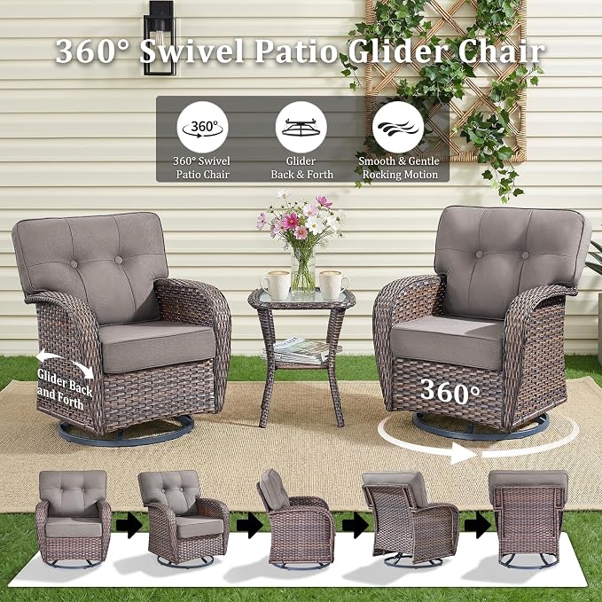 10-Piece Wicker Patio Furniture Set with 5-Inch Thick Cushions Weather Resistant Rattan High Back Swivel Rocker Chairs Senior Friendly Conversation Set for Small Porch Deck Sunroom Brown/Grey
