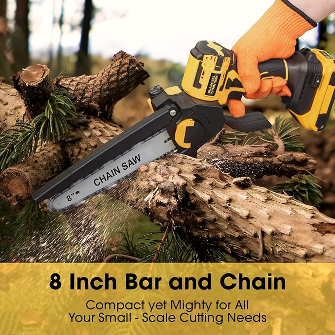 Mini Chainsaw for Dewalt 20V MAX Battery, 8-Inch Brushless Cordless Pruning Chainsaw, 24.6FT/S Fast Powerful Cutting, 4000RPM Electric for Wood Cutting(Battery Not Included) (Yellow)