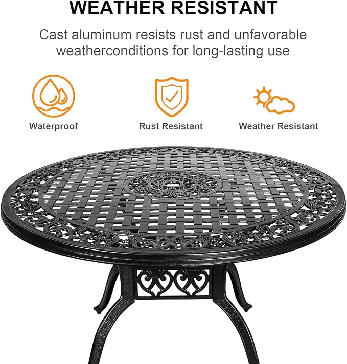 Patio Dinning Set Weather Resistant Cast Aluminum Patio Furniture Set with Umbrella Hole, Bistro Dining Set for Garden (48" x 48" Table B and 6 Chairs Black, 7 Pieces)