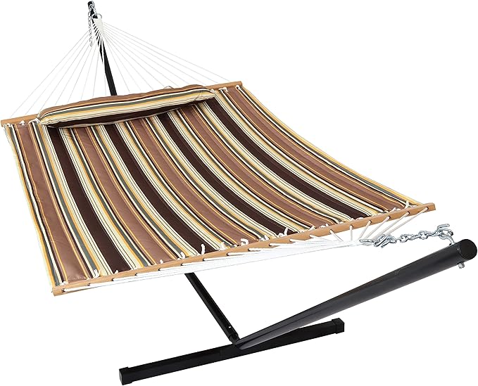 Sunnydaze Quilted Double Hammock with Stand for Outside - 350-Pound Capacity 2-Person Hammock with Stand - 12-Foot Stand - Sandy Beach