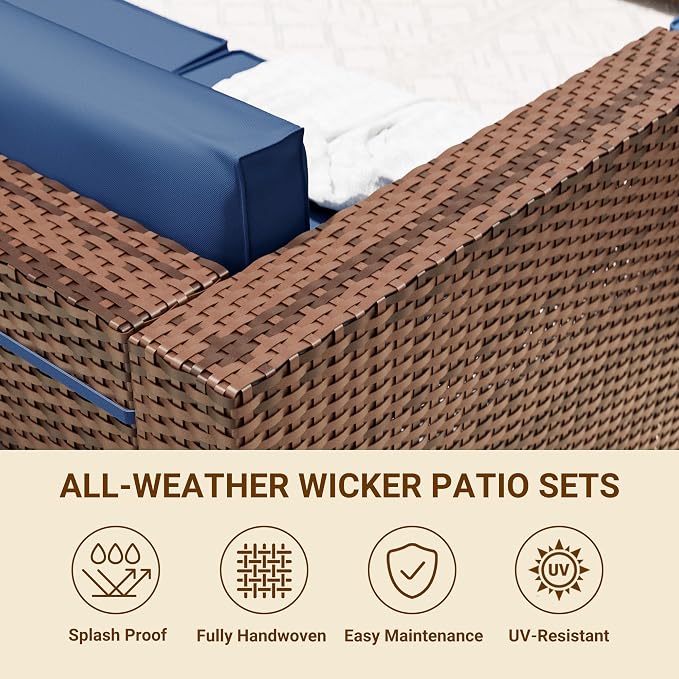 Patio Furniture Set with 44'' Propane Gas Firepit Table, 10 PCS Modular Outdoor Sectional Conversation Sets, All-Weather Wicker Patio Set for Backyard, Navy (Waterproof Covers Included)